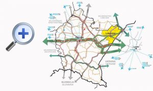 mapa województwa podkarpackiego z zaznaczonymi głównymi trasami dojazdowymi oraz powiatoem lubaczowskim