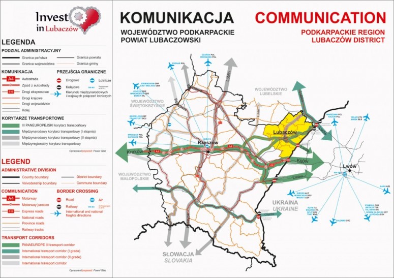 mapa województwa podkarpackiego z zaznaczonymji najważniejszymi połączeniami drogowymi